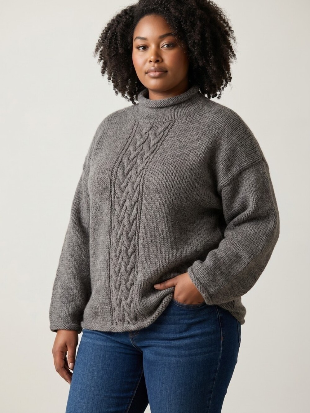 Handmade Knit Cozy Cable-Front Gray Sweater 1042